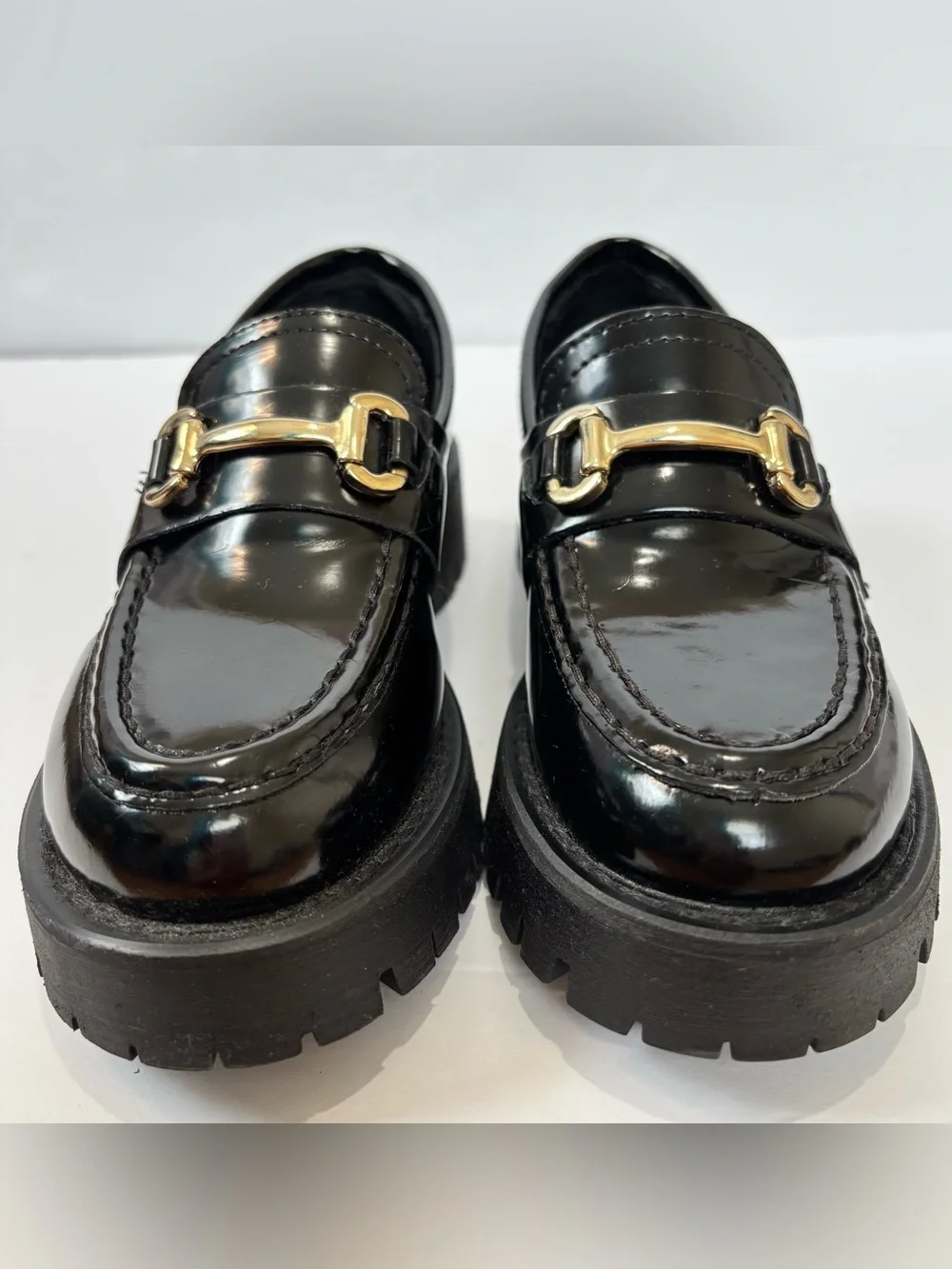 NEW Steve Madden Horsebit Lando Black Patent Chunky Platform Lug Sole Loafer 5.5
